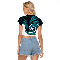 New Zealand Raglan Cropped T Shirt Maori With Silver Fern Papua Shell Green Ver.1 LT6 - Wonder Print Shop