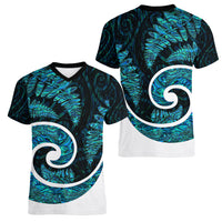 New Zealand Women V Neck T Shirt Maori With Silver Fern Papua Shell Green Ver.1 LT6 - Wonder Print Shop