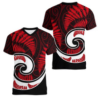 New Zealand Women V Neck T Shirt Maori With Silver Fern Red LT6 - Wonder Print Shop