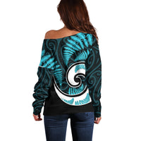 New Zealand Off Shoulder Sweater Maori With Silver Fern Light Blue LT6 - Wonder Print Shop