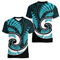 New Zealand Women V Neck T Shirt Maori With Silver Fern Light Blue LT6 - Wonder Print Shop