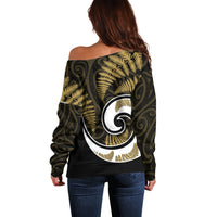 New Zealand Off Shoulder Sweater Maori With Silver Fern Gold LT6 - Wonder Print Shop