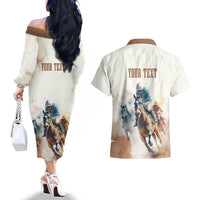 Personalised Kentucky Horse Racing Couples Matching Off The Shoulder Long Sleeve Dress and Hawaiian Shirt 151st Anniversary LT7