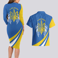 Ukraine Stylized Tryzub Couples Matching Long Sleeve Bodycon Dress and Hawaiian Shirt Slava Ukraini