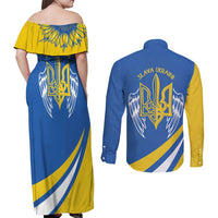 Ukraine Stylized Tryzub Couples Matching Off Shoulder Maxi Dress and Long Sleeve Button Shirt Slava Ukraini