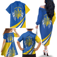 Ukraine Stylized Tryzub Family Matching Off The Shoulder Long Sleeve Dress and Hawaiian Shirt Slava Ukraini