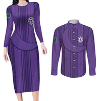 Saudi Football Al Zaeem Custom Couples Matching Long Sleeve Bodycon Dress and Long Sleeve Button Shirt Crescent Moon - Purple - Wonder Print Shop