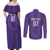 Saudi Football Al Zaeem Custom Couples Matching Off Shoulder Maxi Dress and Long Sleeve Button Shirt Crescent Moon - Purple - Wonder Print Shop