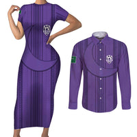 Saudi Football Al Zaeem Custom Couples Matching Short Sleeve Bodycon Dress and Long Sleeve Button Shirt Crescent Moon - Purple - Wonder Print Shop