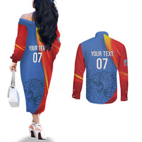 DR Congo Football 2026 Les Leopards Custom Couples Matching Off The Shoulder Long Sleeve Dress and Long Sleeve Button Shirt Glory Upon Glory - Wonder Print Shop
