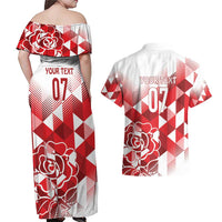 England Rugby Custom Couples Matching Off Shoulder Maxi Dress and Hawaiian Shirt Crystalised Red Rose