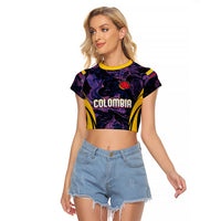 Women's black cropped raglan football T-shirt with yellow trim and Colombia front graphic