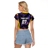 Women's black cropped raglan football T-shirt with yellow trim and back 'YOUR TEXT 07'