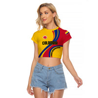 Yellow cropped raglan football T-shirt with Colombia crest and red-blue front panel