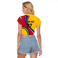 Back view of yellow cropped raglan football T-shirt with number 07 and red-blue panel