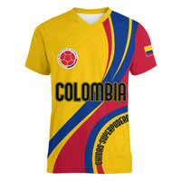 Yellow Colombia v-neck football T-shirt with red/blue stripes and crest graphic
