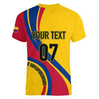 Yellow football v-neck T-shirt with red/blue wave stripes, YOUR TEXT 07 print