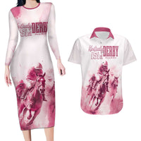 Personalised Kentucky Horse Racing Couples Matching Long Sleeve Bodycon Dress and Hawaiian Shirt 151st Anniversary - Pink Out LT7