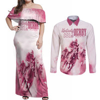 Personalised Kentucky Horse Racing Couples Matching Off Shoulder Maxi Dress and Long Sleeve Button Shirt 151st Anniversary - Pink Out LT7