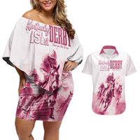 Personalised Kentucky Horse Racing Couples Matching Off Shoulder Short Dress and Hawaiian Shirt 151st Anniversary - Pink Out LT7