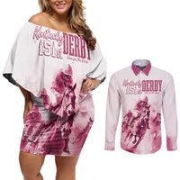 Personalised Kentucky Horse Racing Couples Matching Off Shoulder Short Dress and Long Sleeve Button Shirt 151st Anniversary - Pink Out LT7