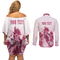 Personalised Kentucky Horse Racing Couples Matching Off Shoulder Short Dress and Long Sleeve Button Shirt 151st Anniversary - Pink Out LT7