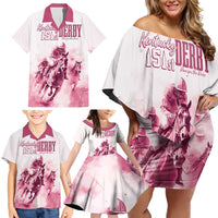 Personalised Kentucky Horse Racing Family Matching Off Shoulder Short Dress and Hawaiian Shirt 151st Anniversary - Pink Out LT7