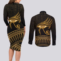Ancient Egypt Eye of Horus Couples Matching Long Sleeve Bodycon Dress and Long Sleeve Button Shirt Gold Intricate Feathers