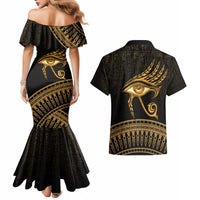 Ancient Egypt Eye of Horus Couples Matching Mermaid Dress and Hawaiian Shirt Gold Intricate Feathers