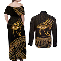 Ancient Egypt Eye of Horus Couples Matching Off Shoulder Maxi Dress and Long Sleeve Button Shirt Gold Intricate Feathers