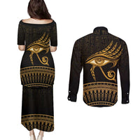 Ancient Egypt Eye of Horus Couples Matching Puletasi and Long Sleeve Button Shirt Gold Intricate Feathers