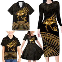 Ancient Egypt Eye of Horus Family Matching Long Sleeve Bodycon Dress and Hawaiian Shirt Gold Intricate Feathers