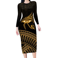 Ancient Egypt Eye of Horus Family Matching Long Sleeve Bodycon Dress and Hawaiian Shirt Gold Intricate Feathers