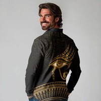 Ancient Egypt Eye of Horus Long Sleeve Polo Shirt Gold Intricate Feathers