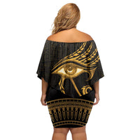 Ancient Egypt Eye of Horus Off Shoulder Short Dress Gold Intricate Feathers