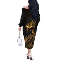 Ancient Egypt Eye of Horus Off The Shoulder Long Sleeve Dress Gold Intricate Feathers