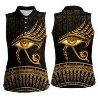 Ancient Egypt Eye of Horus Women Sleeveless Polo Shirt Gold Intricate Feathers