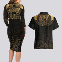 Ancient Egypt Scarab Couples Matching Long Sleeve Bodycon Dress and Hawaiian Shirt Black Gold