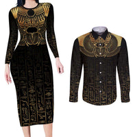 Ancient Egypt Scarab Couples Matching Long Sleeve Bodycon Dress and Long Sleeve Button Shirt Black Gold