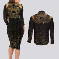 Ancient Egypt Scarab Couples Matching Long Sleeve Bodycon Dress and Long Sleeve Button Shirt Black Gold