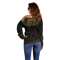 Ancient Egypt Scarab Off Shoulder Sweater Black Gold
