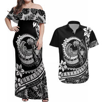 Polynesian Plumeria Couples Matching Off Shoulder Maxi Dress and Hawaiian Shirt Ride The Waves - Black LT7 - Wonder Print Shop