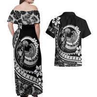 Polynesian Plumeria Couples Matching Off Shoulder Maxi Dress and Hawaiian Shirt Ride The Waves - Black LT7 - Wonder Print Shop