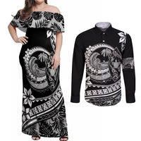Polynesian Plumeria Couples Matching Off Shoulder Maxi Dress and Long Sleeve Button Shirts Ride The Waves - Black LT7 - Wonder Print Shop