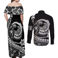 Polynesian Plumeria Couples Matching Off Shoulder Maxi Dress and Long Sleeve Button Shirts Ride The Waves - Black LT7 - Wonder Print Shop