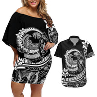 Polynesian Plumeria Couples Matching Off Shoulder Short Dress and Hawaiian Shirt Ride The Waves - Black LT7 - Wonder Print Shop