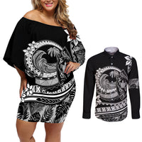 Polynesian Plumeria Couples Matching Off Shoulder Short Dress and Long Sleeve Button Shirts Ride The Waves - Black LT7 - Wonder Print Shop