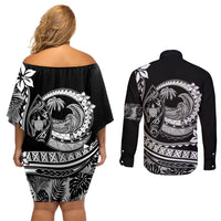 Polynesian Plumeria Couples Matching Off Shoulder Short Dress and Long Sleeve Button Shirts Ride The Waves - Black LT7 - Wonder Print Shop