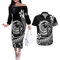 Polynesian Plumeria Couples Matching Off The Shoulder Long Sleeve Dress and Hawaiian Shirt Ride The Waves - Black LT7 - Wonder Print Shop