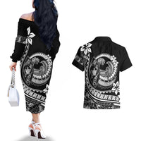 Polynesian Plumeria Couples Matching Off The Shoulder Long Sleeve Dress and Hawaiian Shirt Ride The Waves - Black LT7 - Wonder Print Shop